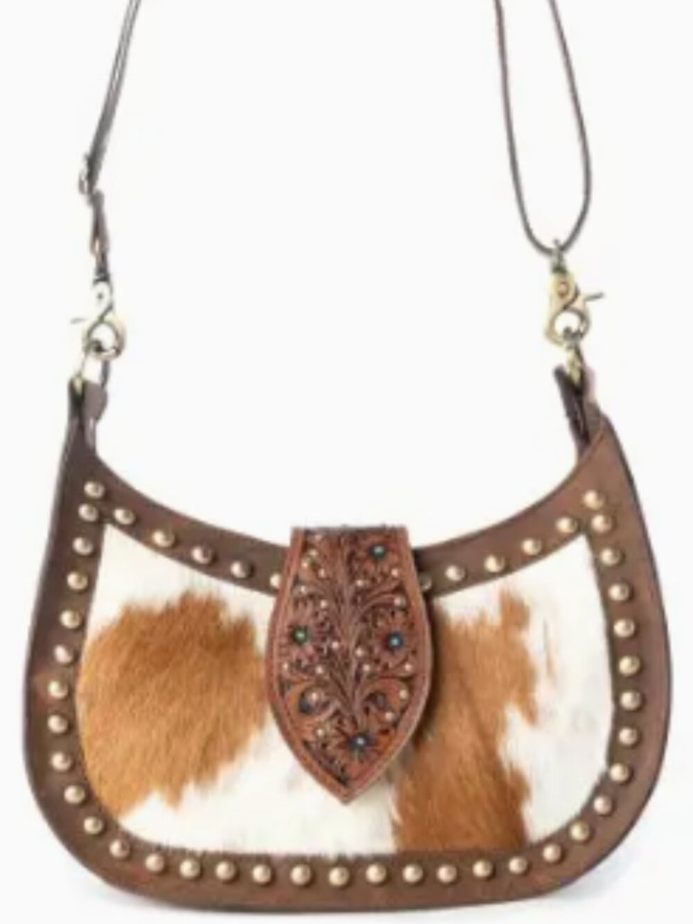Myra Santa Fe Hand Tooled hair on Leather studded Crossbody Brown NWT - Picture 1 of 4